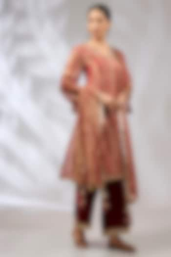 Burnt Orange Pure Tissue Silk Zardosi Handwork Kurta Set by Begum Pret at Pernia's Pop Up Shop