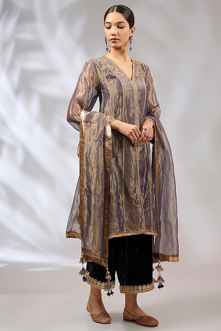 Grey Pure Tissue Silk Zardosi Handwork Kurta Set by Begum Pret at Pernia's Pop Up Shop