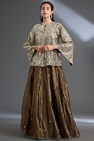 Bronze Pure Silk Tissue Mirror Work Lehenga Set by Begum Pret
