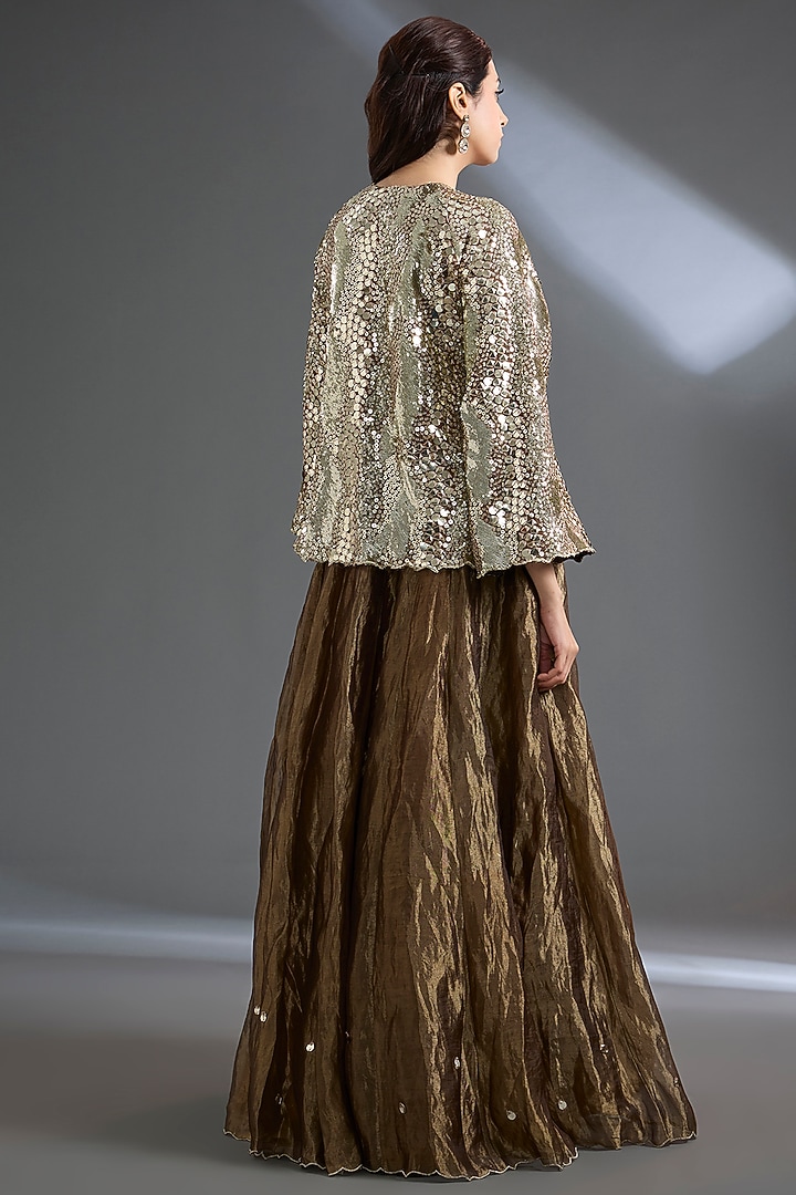 Bronze Pure Silk Tissue Mirror Work Wedding Lehenga Set by Begum Pret at Pernia's Pop Up Shop