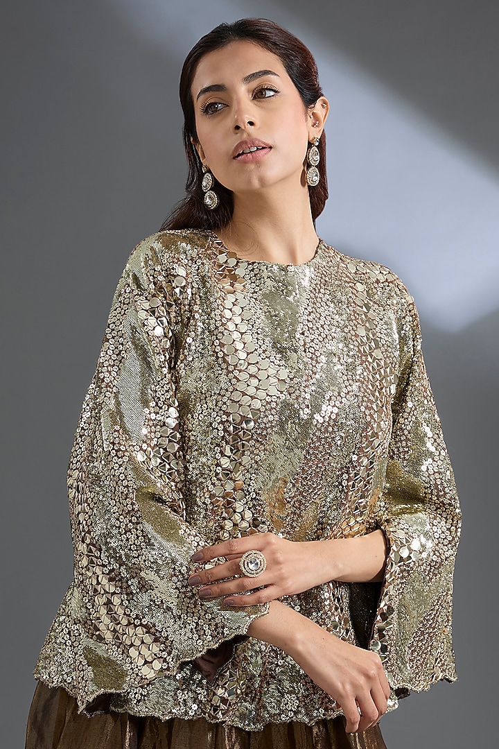 Bronze Pure Silk Tissue Mirror Work Wedding Lehenga Set by Begum Pret at Pernia's Pop Up Shop