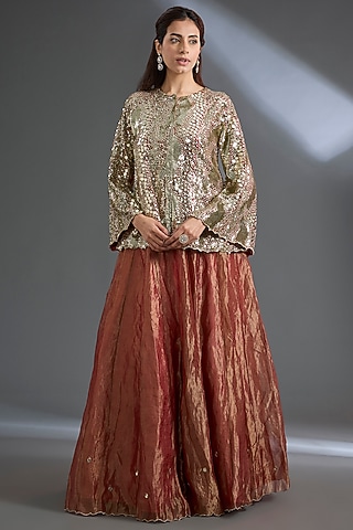 Peach Pure Silk Tissue Mirror Work Lehenga Set by Begum Pret