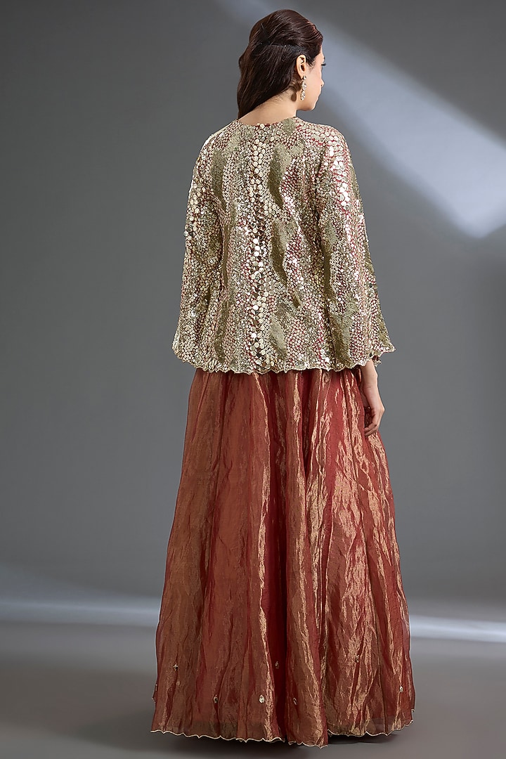 Peach Pure Silk Tissue Mirror Work Wedding Lehenga Set by Begum Pret at Pernia's Pop Up Shop