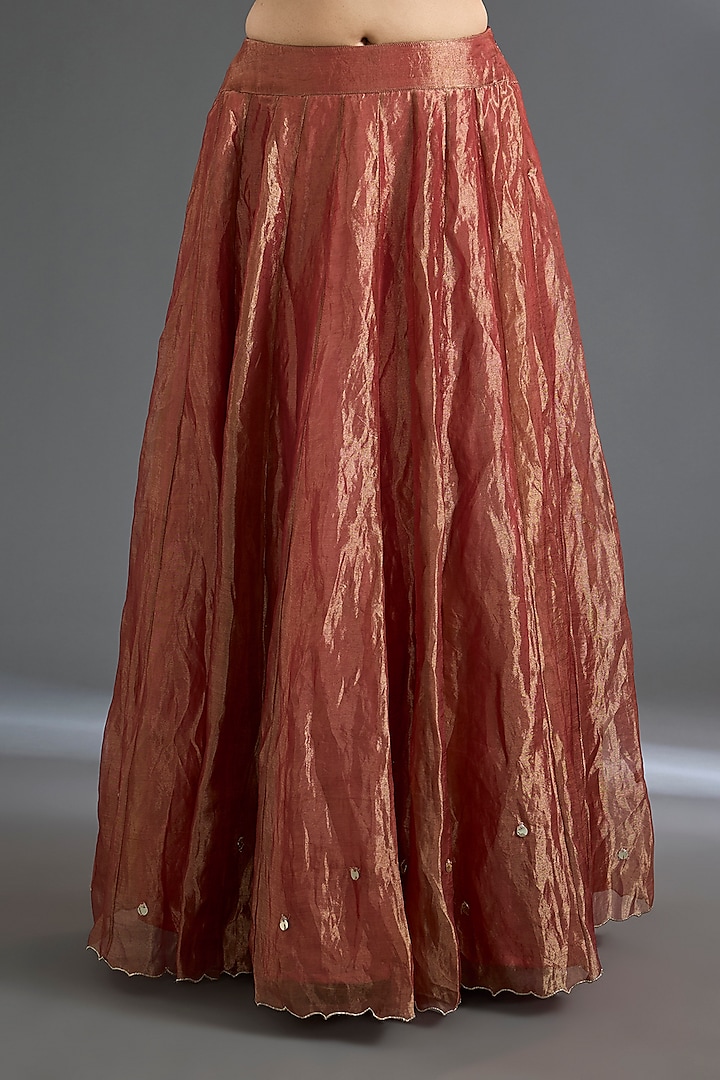 Peach Pure Silk Tissue Mirror Work Wedding Lehenga Set by Begum Pret at Pernia's Pop Up Shop