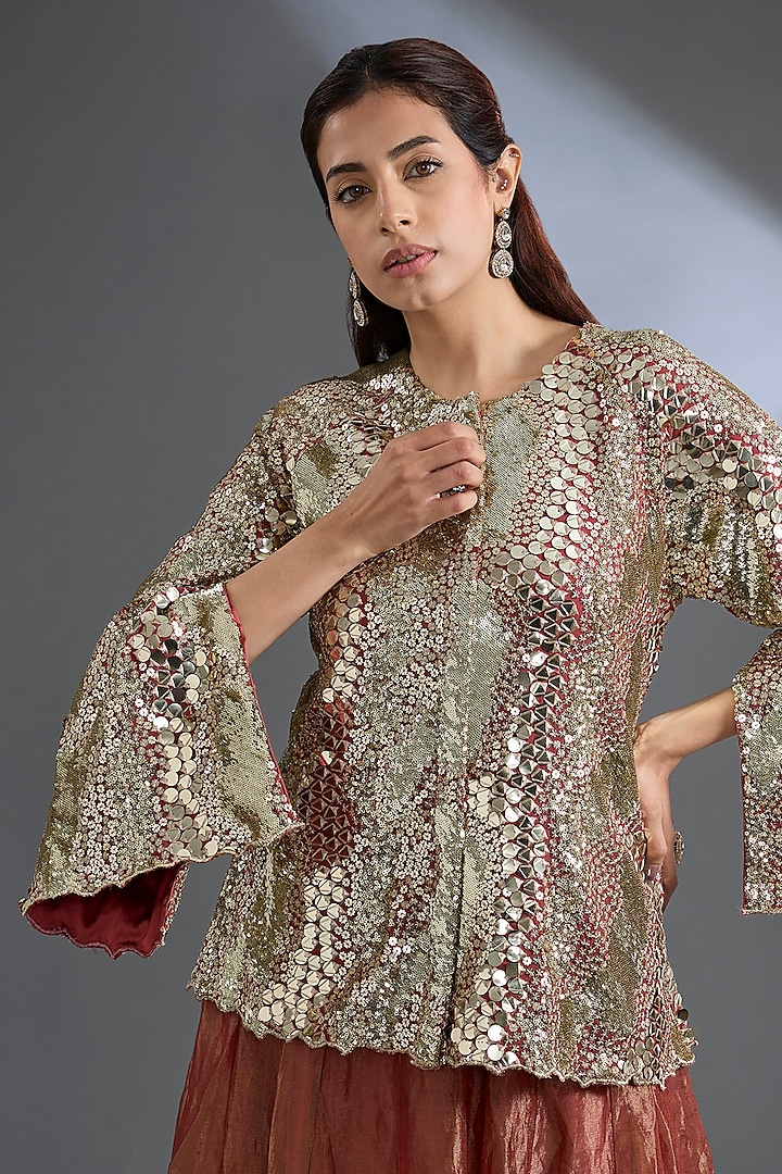 Peach Pure Silk Tissue Mirror Work Wedding Lehenga Set by Begum Pret at Pernia's Pop Up Shop