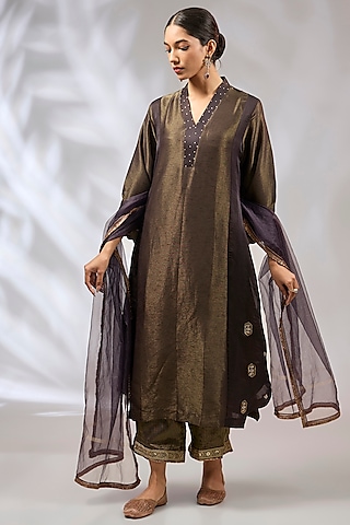 Steel Blue Dola Silk Zardosi Work Kurta Set by Begum Pret