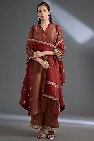 Burnt Orange Dola Silk Sequins Work Kurta Set by Begum Pret