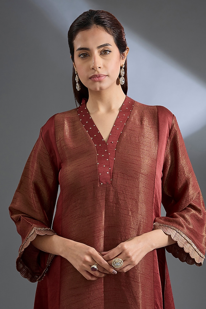 Burnt Orange Dola Silk Sequins Work Kurta Set by Begum Pret at Pernia's Pop Up Shop