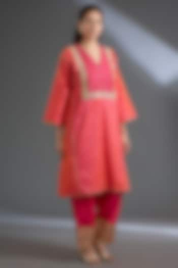 Peachish Orange Zari Silk Gota Patti Work Phiran Kurta Set by Begum Pret at Pernia's Pop Up Shop