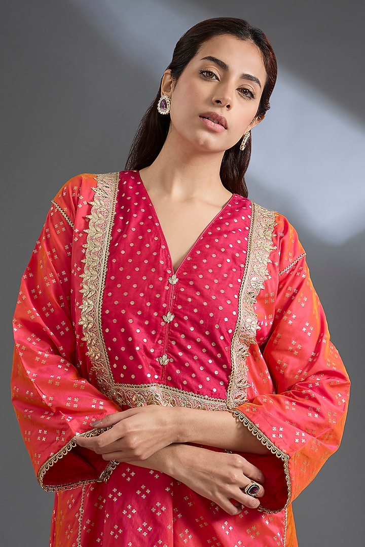 Peachish Orange Zari Silk Gota Patti Work Phiran Kurta Set by Begum Pret at Pernia's Pop Up Shop