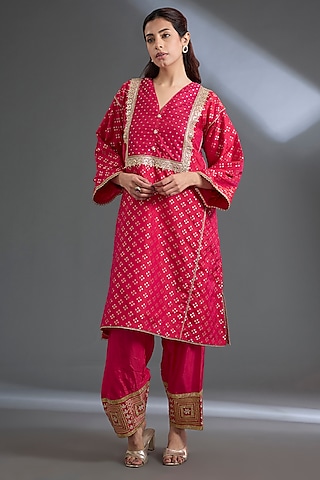 Fuchsia Zari Silk Gota Patti Work Phiran Kurta Set by Begum Pret