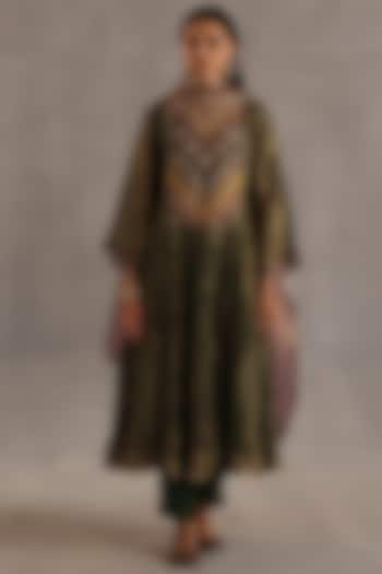 Olive Green Tissue Silk Hand Embroidered Kurta Set by Begum Pret at Pernia's Pop Up Shop