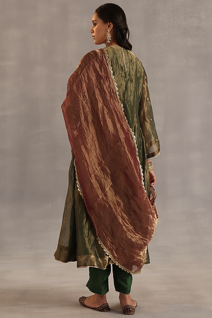 Olive Green Tissue Silk Hand Embroidered Kurta Set by Begum Pret at Pernia's Pop Up Shop