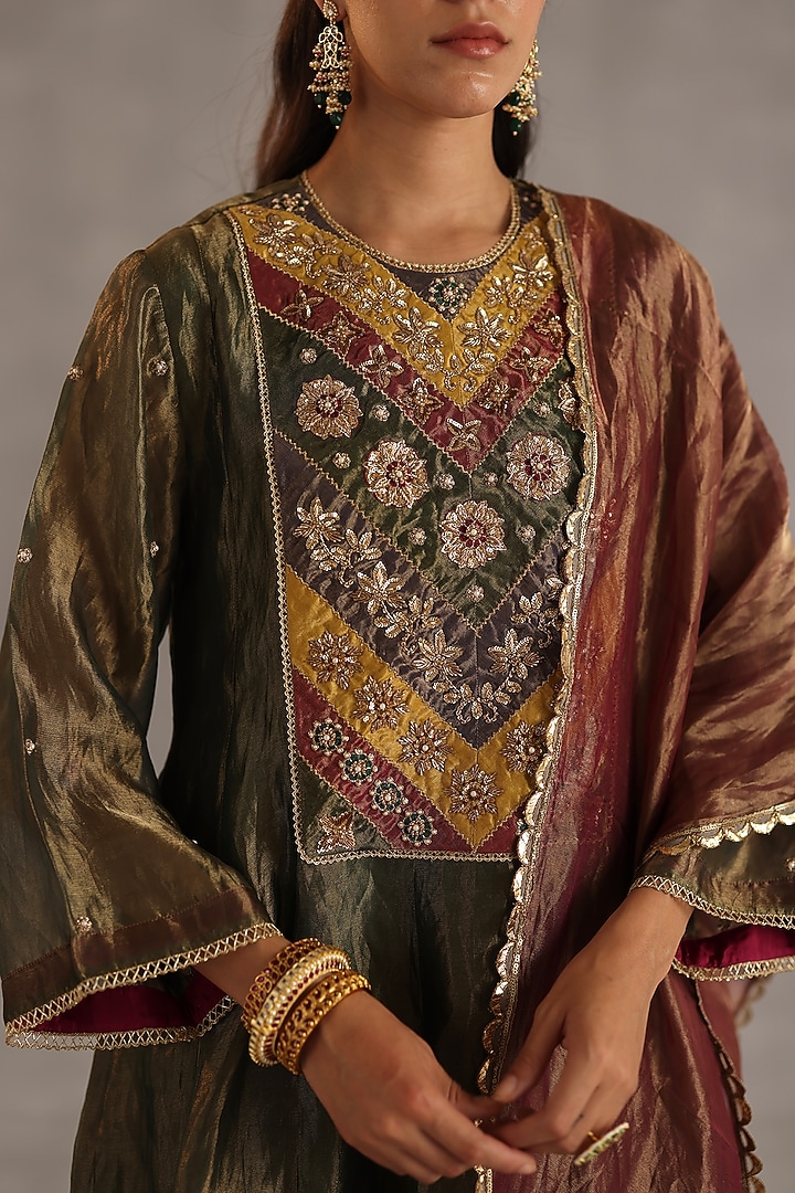 Olive Green Tissue Silk Hand Embroidered Kurta Set by Begum Pret at Pernia's Pop Up Shop