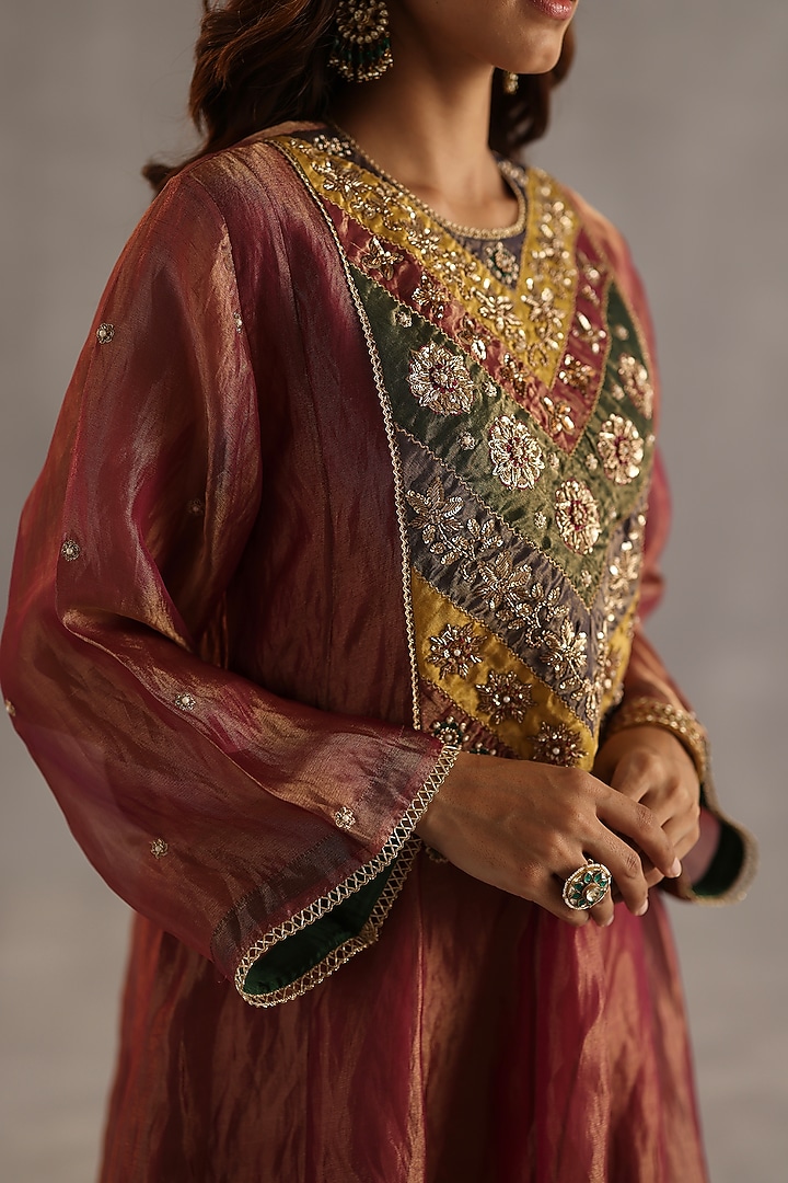 Garnet Tissue Silk Hand Embroidered Kurta Set by Begum Pret at Pernia's Pop Up Shop