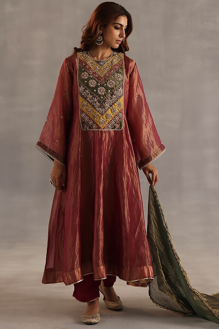 Garnet Tissue Silk Hand Embroidered Kurta Set by Begum Pret at Pernia's Pop Up Shop