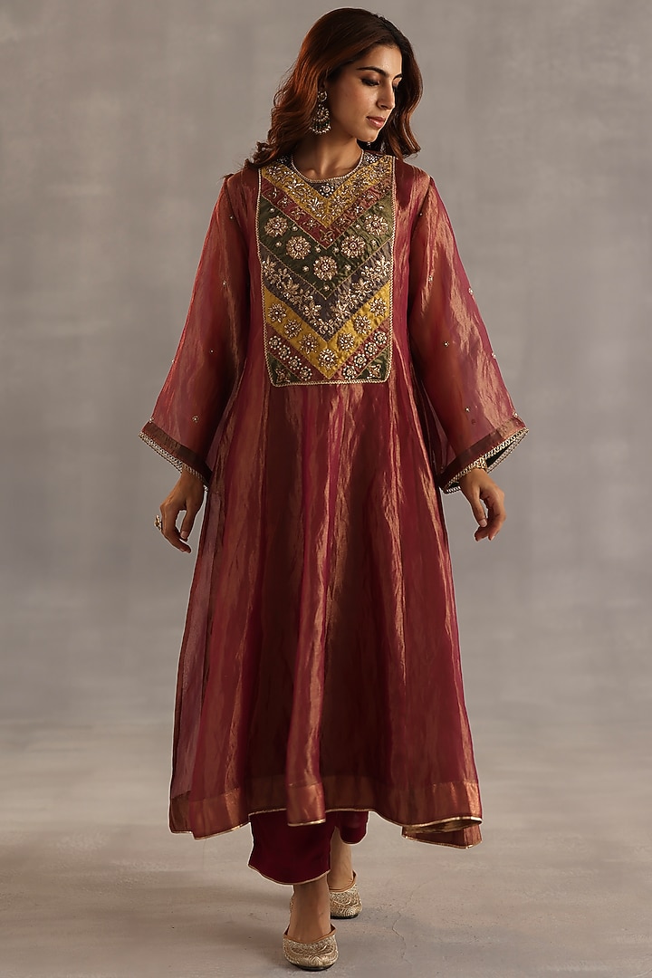 Garnet Tissue Silk Hand Embroidered Kurta Set by Begum Pret at Pernia's Pop Up Shop