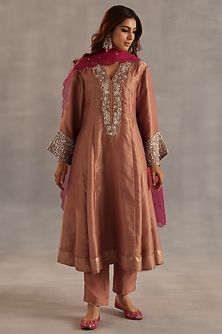 Orange Tissue Silk Sequins Work Kurta Set by Begum Pret