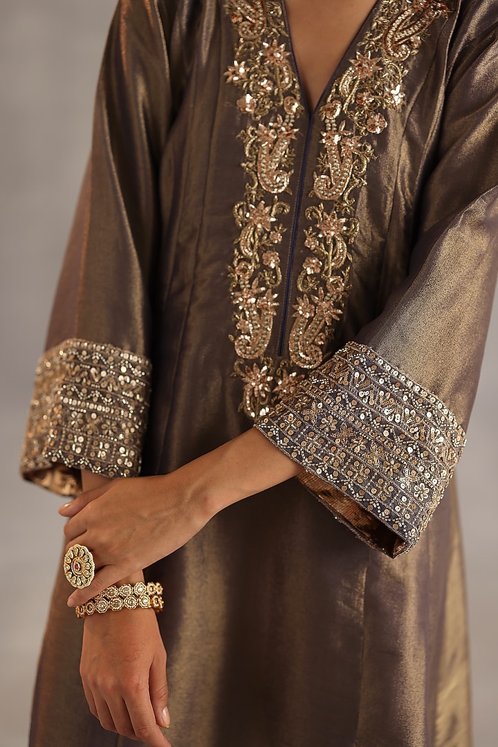Grey Tissue Silk Sequins Embroidered Kurta Set by Begum Pret at Pernia's Pop Up Shop