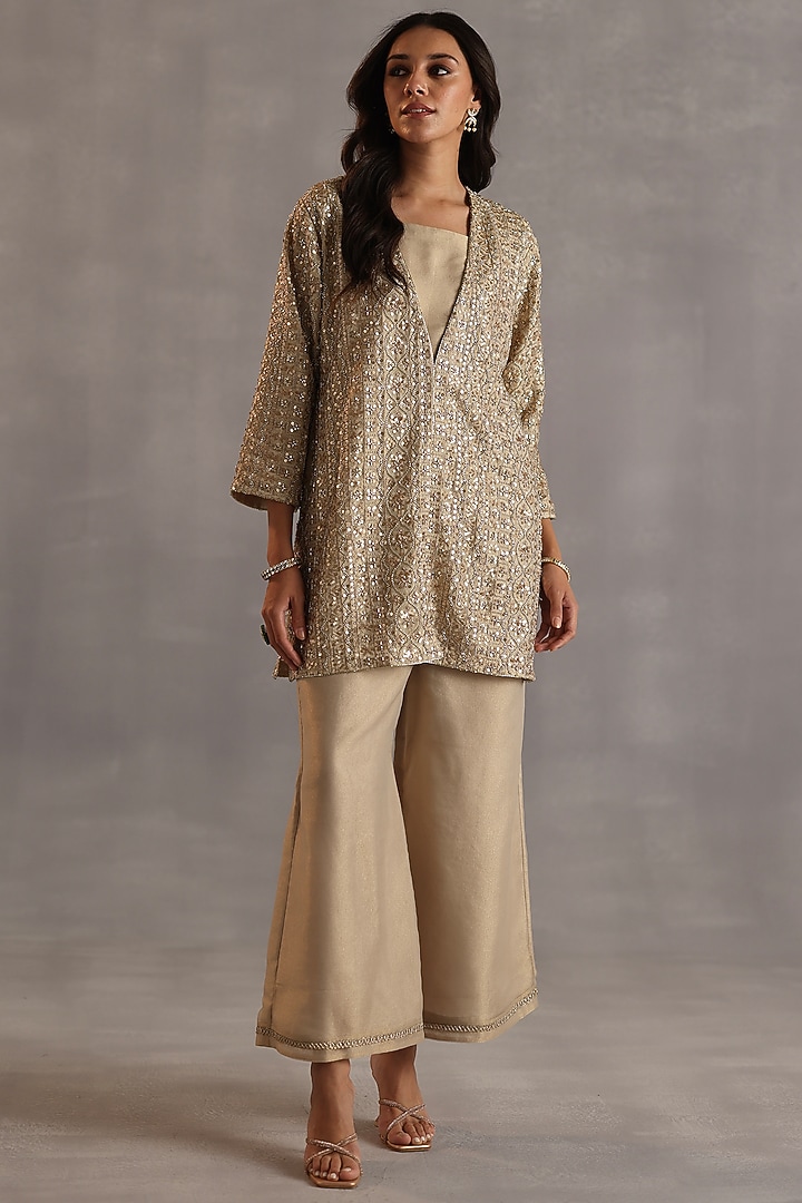 Beige Zari Tissue Sequins Embroidered Tunic Set by Begum Pret at Pernia's Pop Up Shop