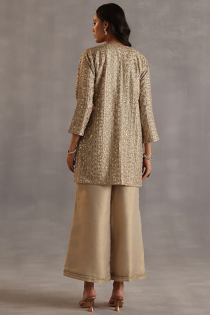 Beige Zari Tissue Sequins Embroidered Tunic Set by Begum Pret at Pernia's Pop Up Shop