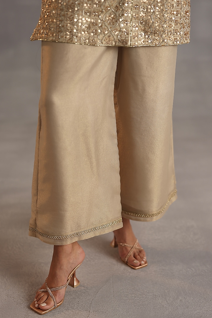 Beige Zari Tissue Sequins Embroidered Tunic Set by Begum Pret at Pernia's Pop Up Shop