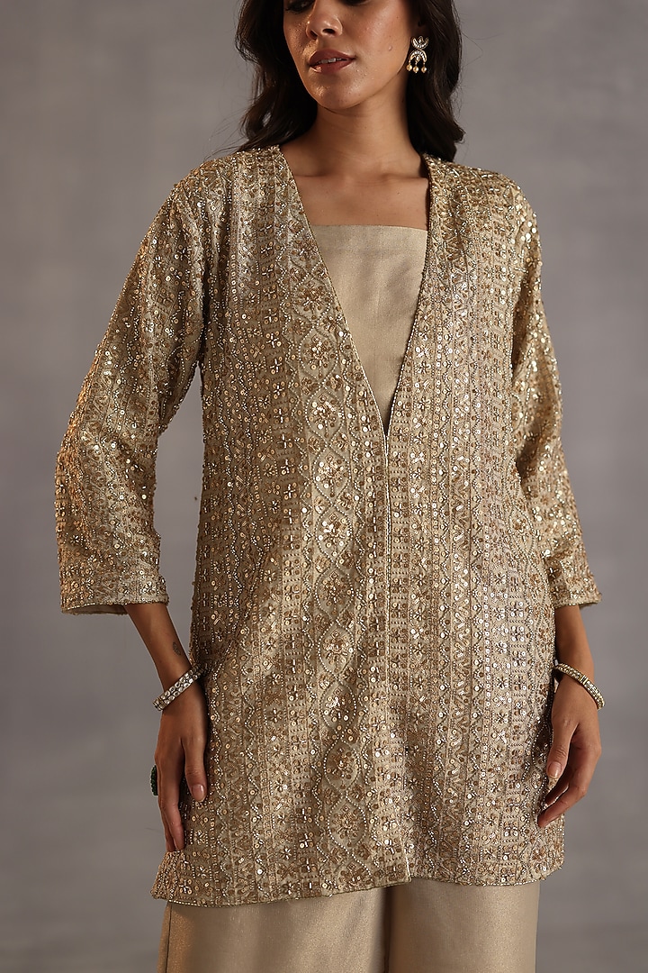 Beige Zari Tissue Sequins Embroidered Tunic Set by Begum Pret at Pernia's Pop Up Shop