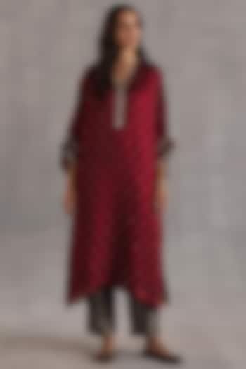 Ruby Red Satin Tissue Zari Embroidered Kurta Set by Begum Pret at Pernia's Pop Up Shop