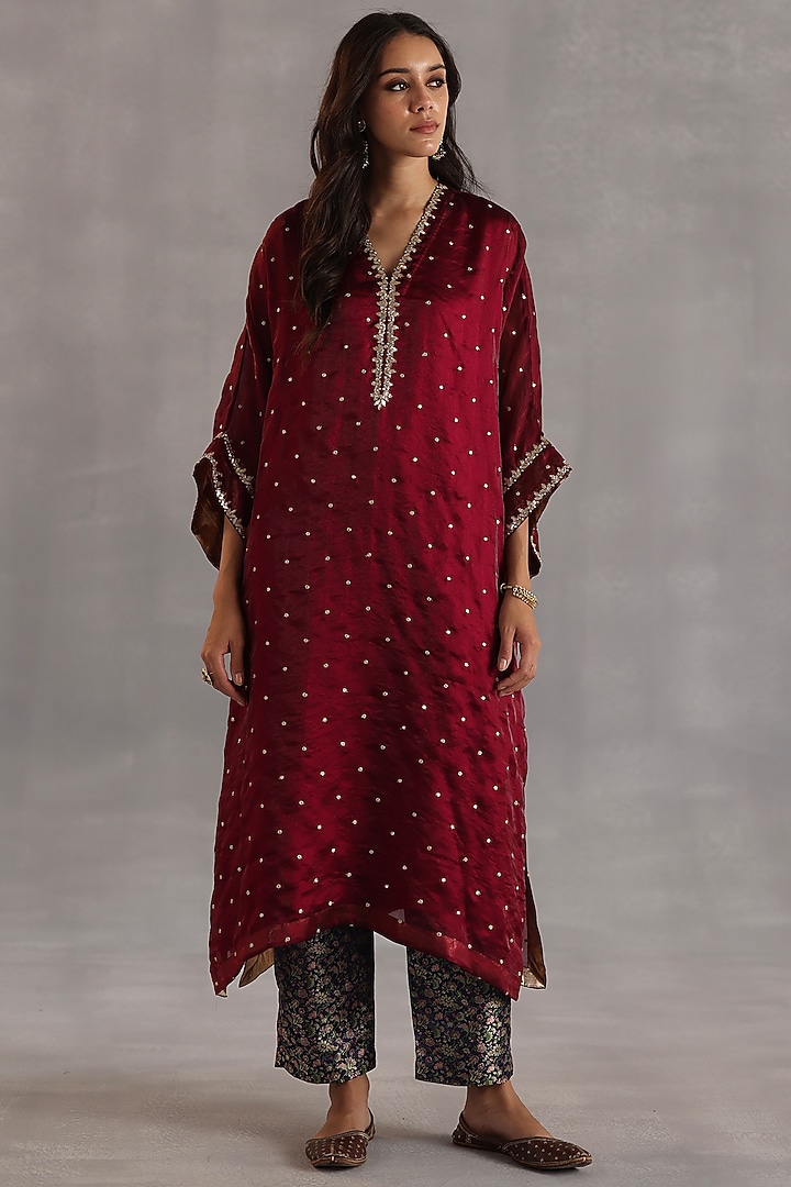 Ruby Red Satin Tissue Zari Embroidered Kurta Set by Begum Pret at Pernia's Pop Up Shop