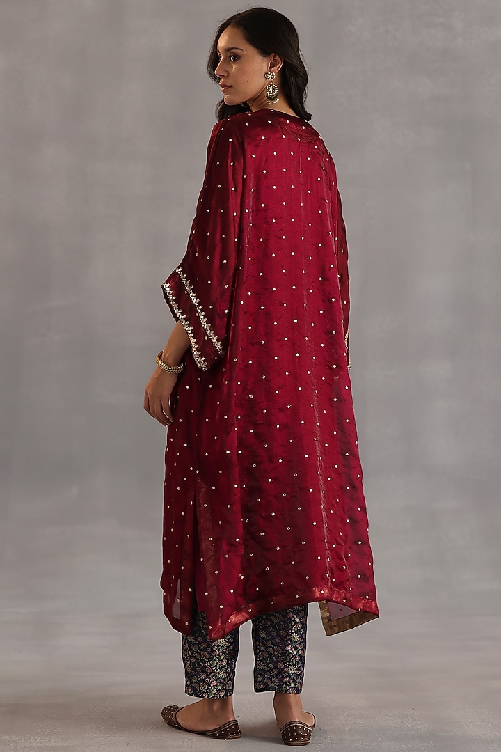 Ruby Red Satin Tissue Zari Embroidered Kurta Set by Begum Pret at Pernia's Pop Up Shop