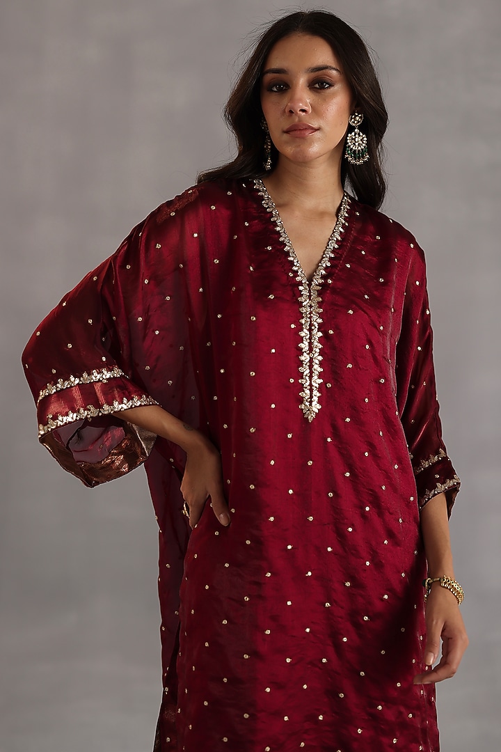 Ruby Red Satin Tissue Zari Embroidered Kurta Set by Begum Pret at Pernia's Pop Up Shop