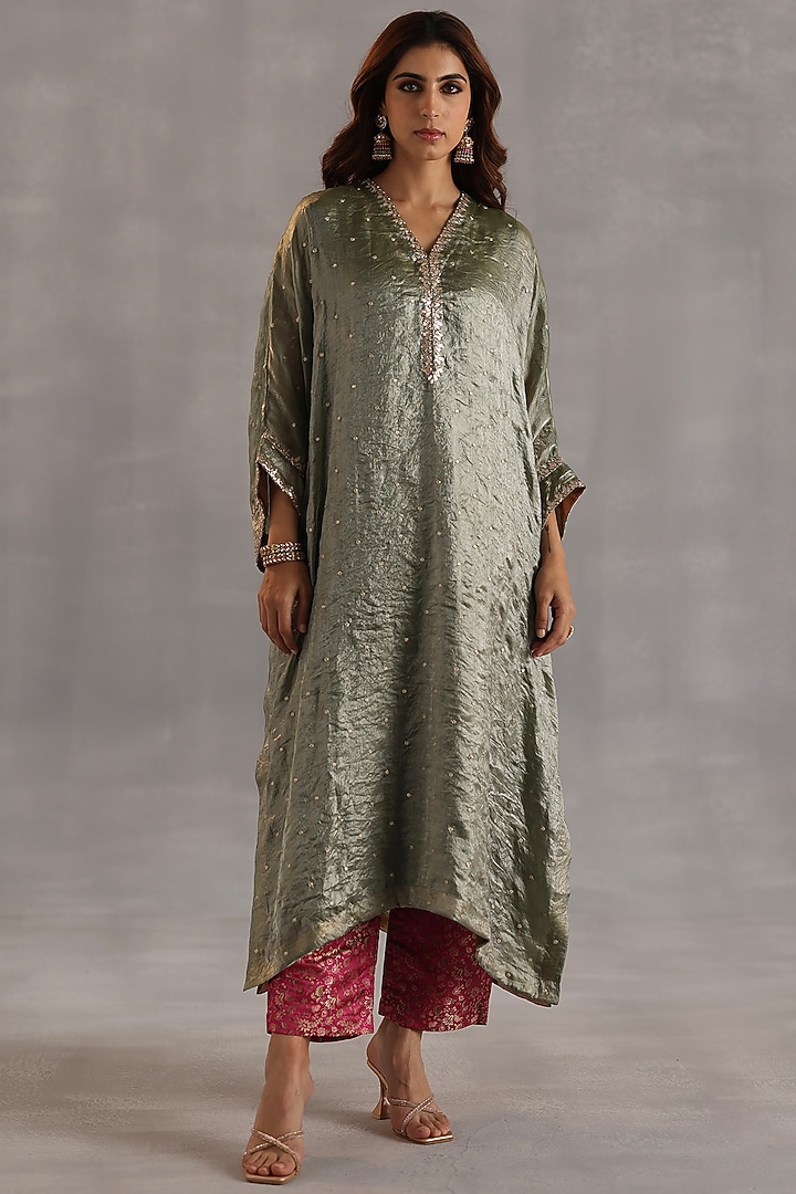 Sage Green Satin Tissue Zari Embellished Kurta Set by Begum Pret at Pernia's Pop Up Shop