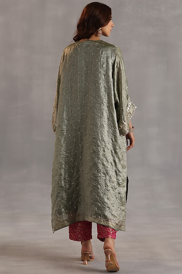 Sage Green Satin Tissue Zari Embellished Kurta Set by Begum Pret at Pernia's Pop Up Shop