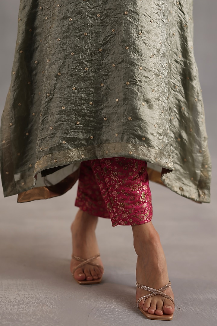 Sage Green Satin Tissue Zari Embellished Kurta Set by Begum Pret at Pernia's Pop Up Shop