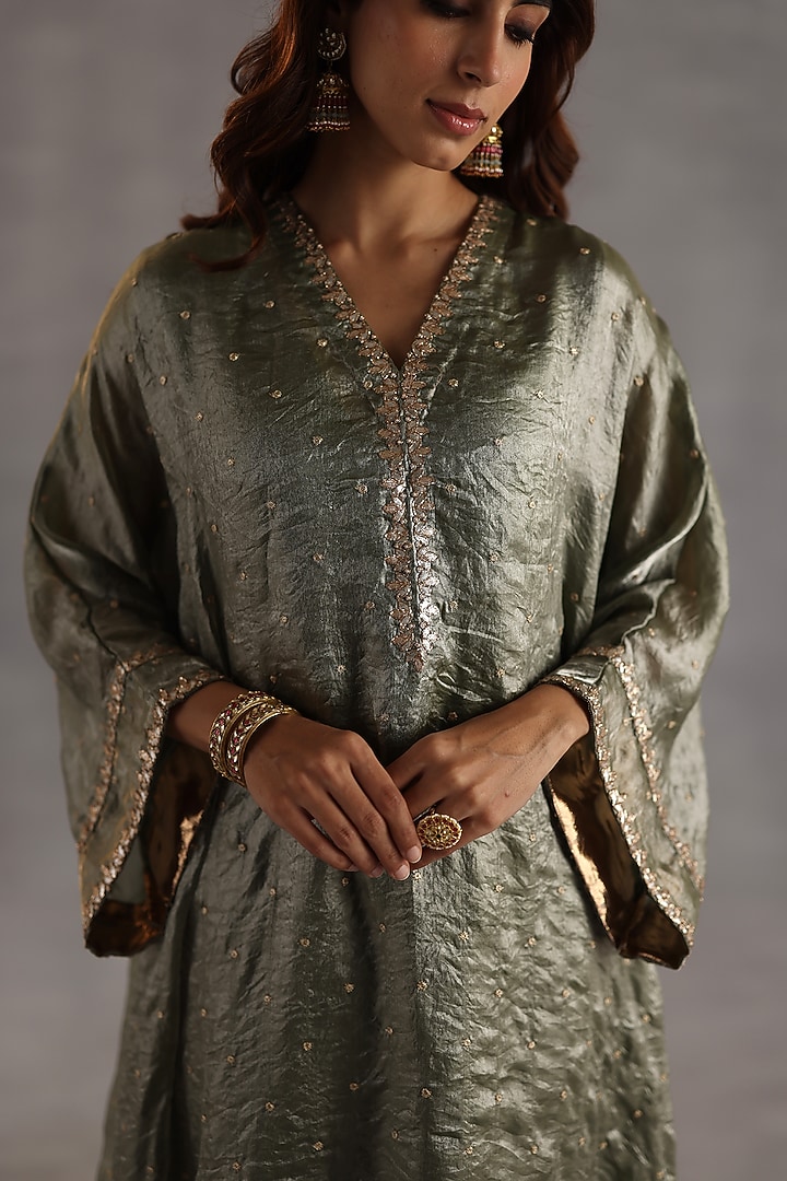 Sage Green Satin Tissue Zari Embellished Kurta Set by Begum Pret at Pernia's Pop Up Shop