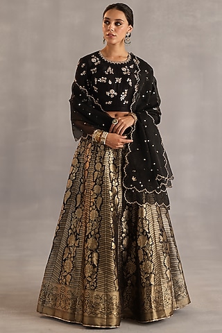Gold Brocade Silk Handwoven Lehenga Set by Begum Pret