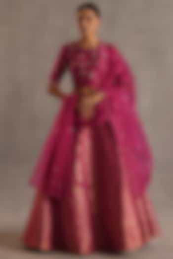 Magenta Brocade & Ikat Silk Handwoven Wedding Lehenga Set by Begum Pret at Pernia's Pop Up Shop