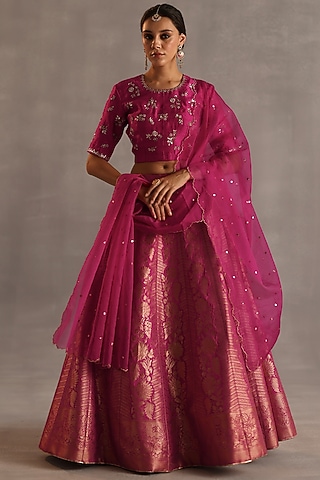 Magenta Brocade & Ikat Silk Handwoven Lehenga Set by Begum Pret