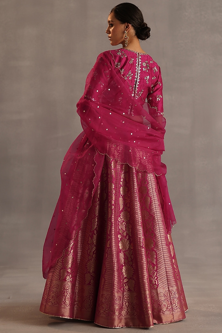 Magenta Brocade & Ikat Silk Handwoven Wedding Lehenga Set by Begum Pret at Pernia's Pop Up Shop