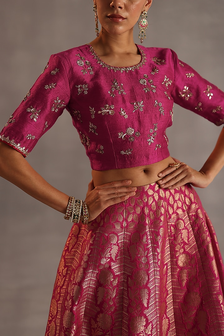 Magenta Brocade & Ikat Silk Handwoven Wedding Lehenga Set by Begum Pret at Pernia's Pop Up Shop