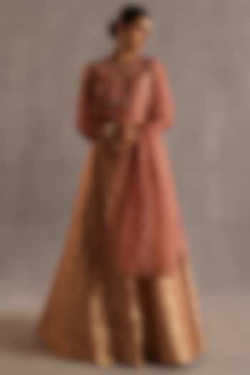 Peach Brocade & Ikat Silk Handwoven Wedding Lehenga Set by Begum Pret at Pernia's Pop Up Shop