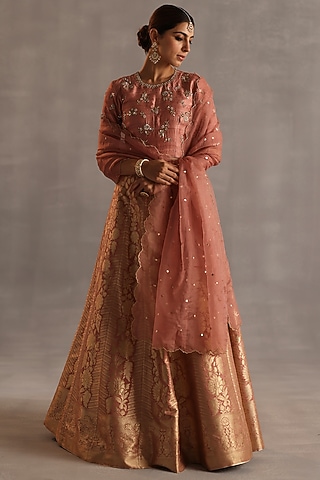 Peach Brocade & Ikat Silk Handwoven Lehenga Set by Begum Pret