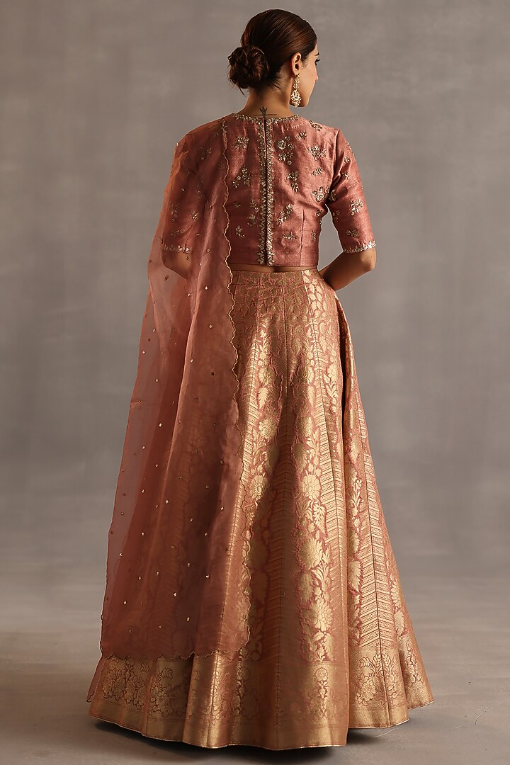 Peach Brocade & Ikat Silk Handwoven Wedding Lehenga Set by Begum Pret at Pernia's Pop Up Shop