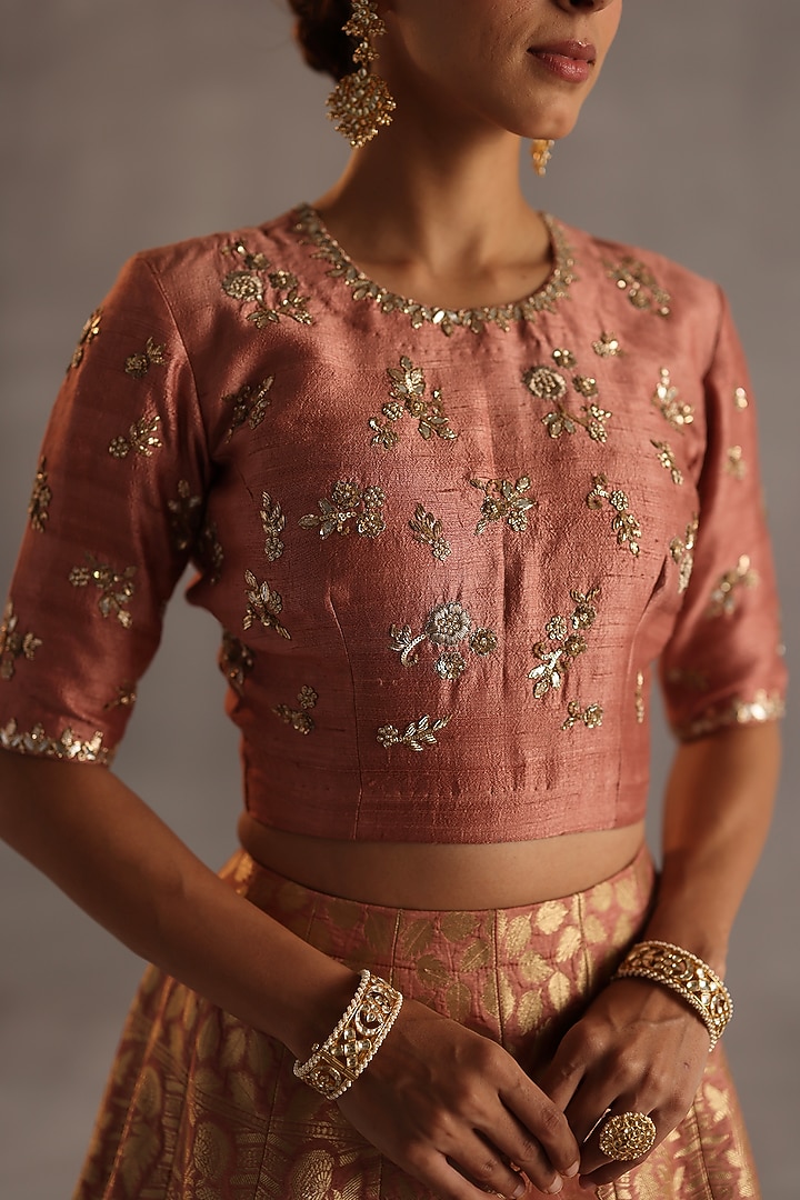 Peach Brocade & Ikat Silk Handwoven Wedding Lehenga Set by Begum Pret at Pernia's Pop Up Shop