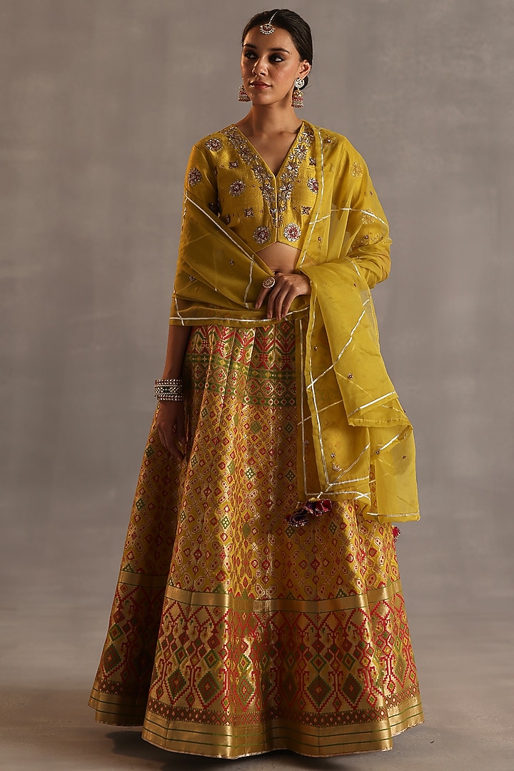 Yellow Ikat Silk Wedding Lehenga Set by Begum Pret at Pernia's Pop Up Shop
