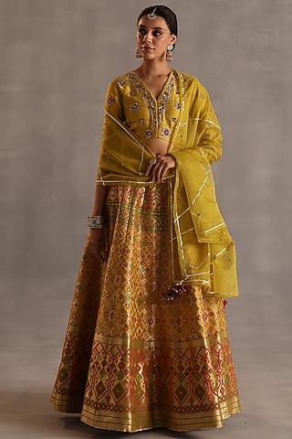 Yellow Ikat Silk Lehenga Set by Begum Pret