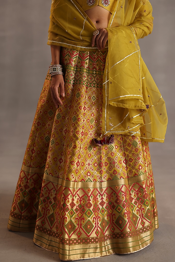 Yellow Ikat Silk Wedding Lehenga Set by Begum Pret at Pernia's Pop Up Shop