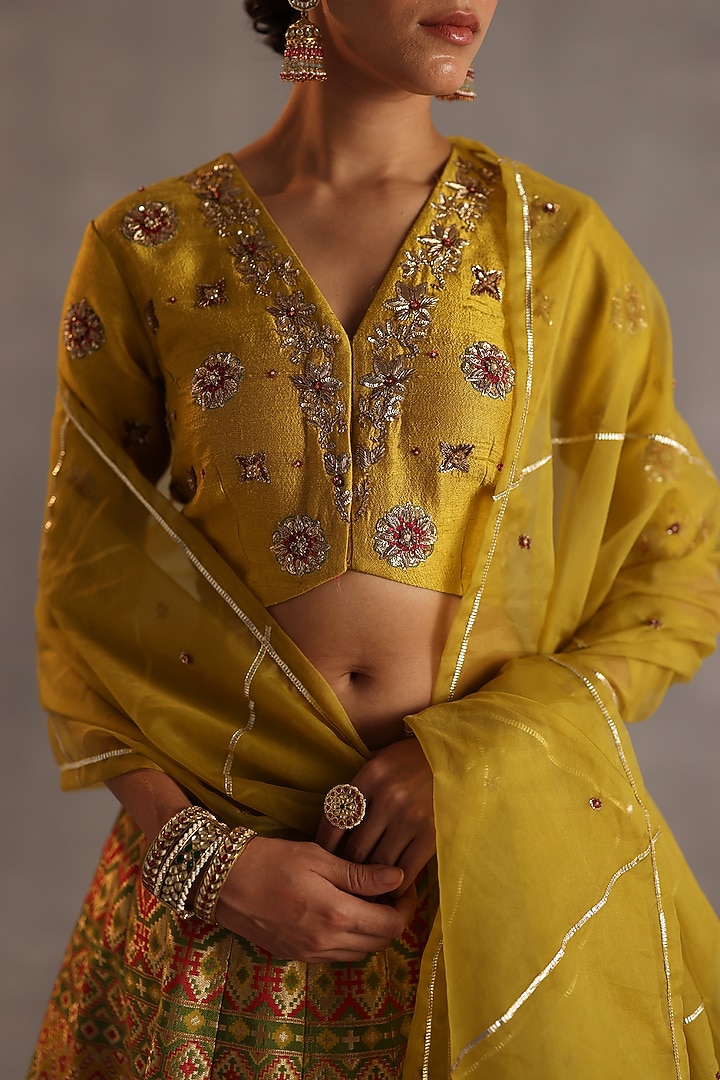 Yellow Ikat Silk Wedding Lehenga Set by Begum Pret at Pernia's Pop Up Shop