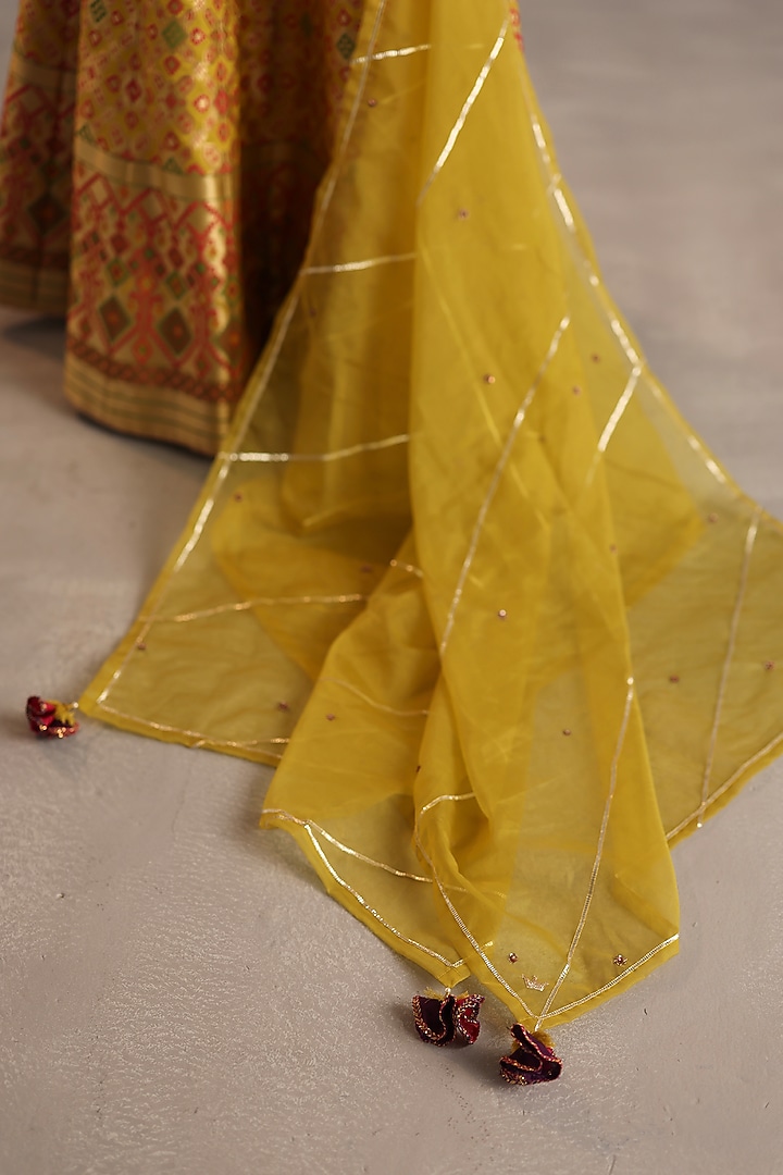 Yellow Ikat Silk Wedding Lehenga Set by Begum Pret at Pernia's Pop Up Shop