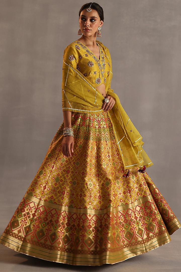 Yellow Ikat Silk Wedding Lehenga Set by Begum Pret at Pernia's Pop Up Shop